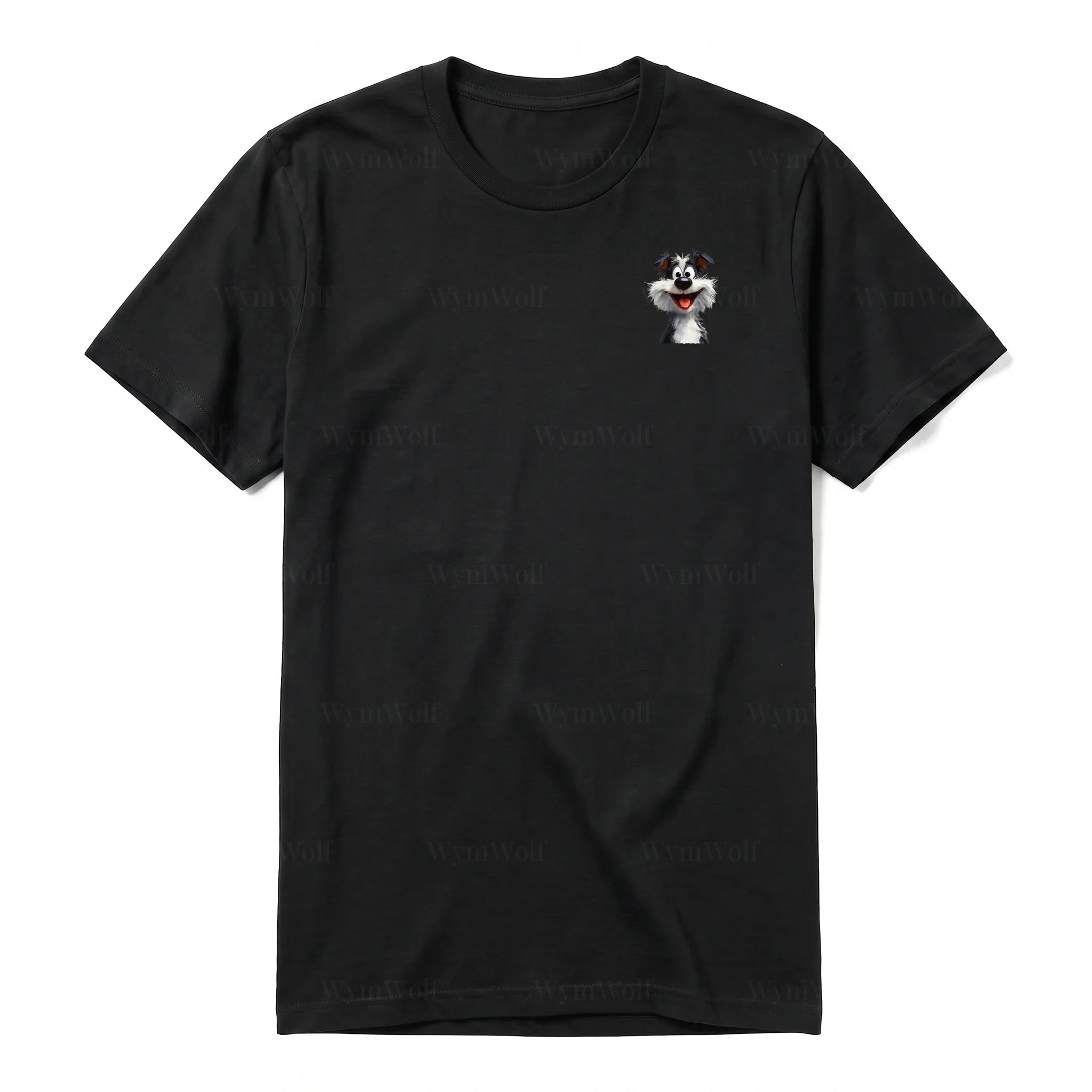A black short-sleeve crewneck t-shirt for adult featuring a graphic of a dog on the left chest.