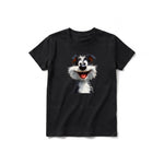 A black short-sleeve crewneck t-shirt for youth featuring a graphic of a dog on the front.