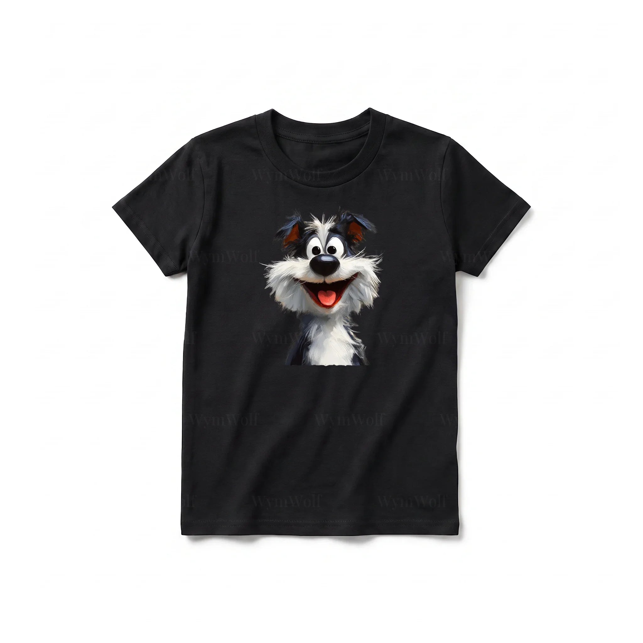A black short-sleeve crewneck t-shirt for youth featuring a graphic of a dog on the front.