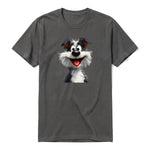 A charcoal short-sleeve crewneck t-shirt for adult featuring a graphic of a dog on the front.