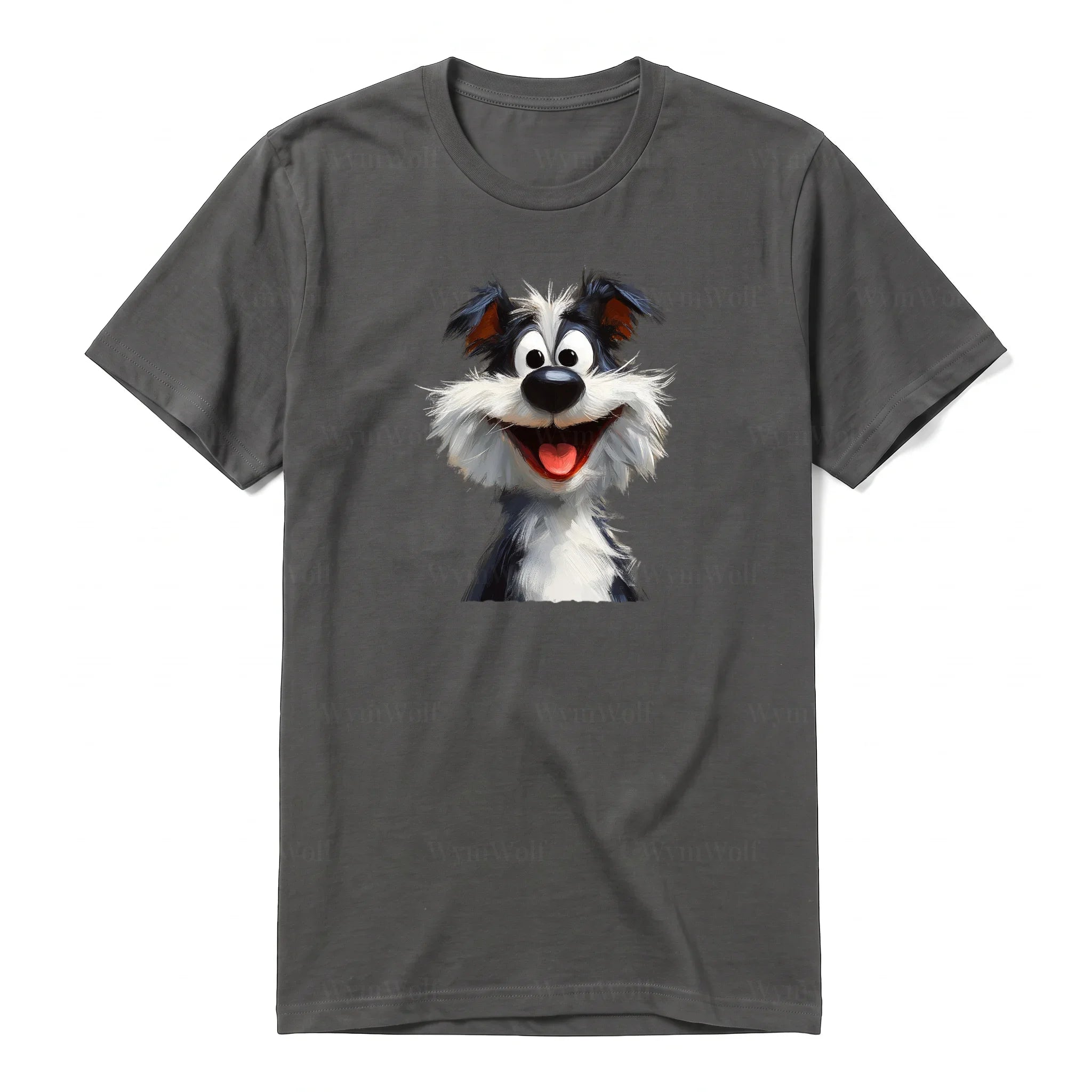 A charcoal short-sleeve crewneck t-shirt for adult featuring a graphic of a dog on the front.