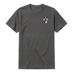 A charcoal short-sleeve crewneck t-shirt for adult featuring a graphic of a dog on the left chest.