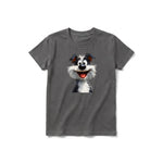 A charcoal short-sleeve crewneck t-shirt for youth featuring a graphic of a dog on the front.