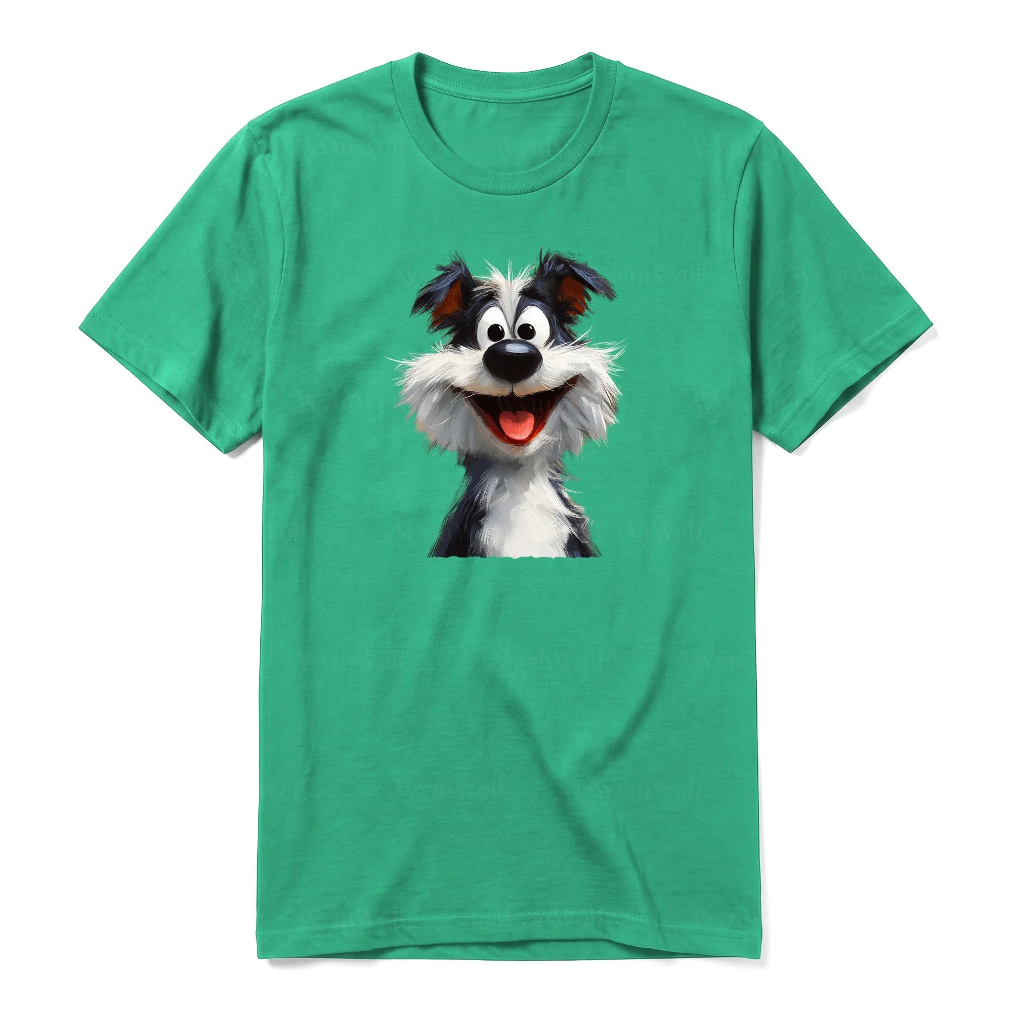 A kelly short-sleeve crewneck t-shirt for adult featuring a graphic of a dog on the front.