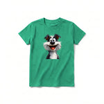 A kelly short-sleeve crewneck t-shirt for youth featuring a graphic of a dog on the front.
