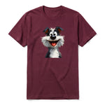 A maroon short-sleeve crewneck t-shirt for adult featuring a graphic of a dog on the front.