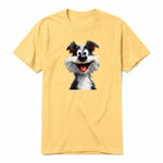 A mustard short-sleeve crewneck t-shirt for adult featuring a graphic of a dog on the front.