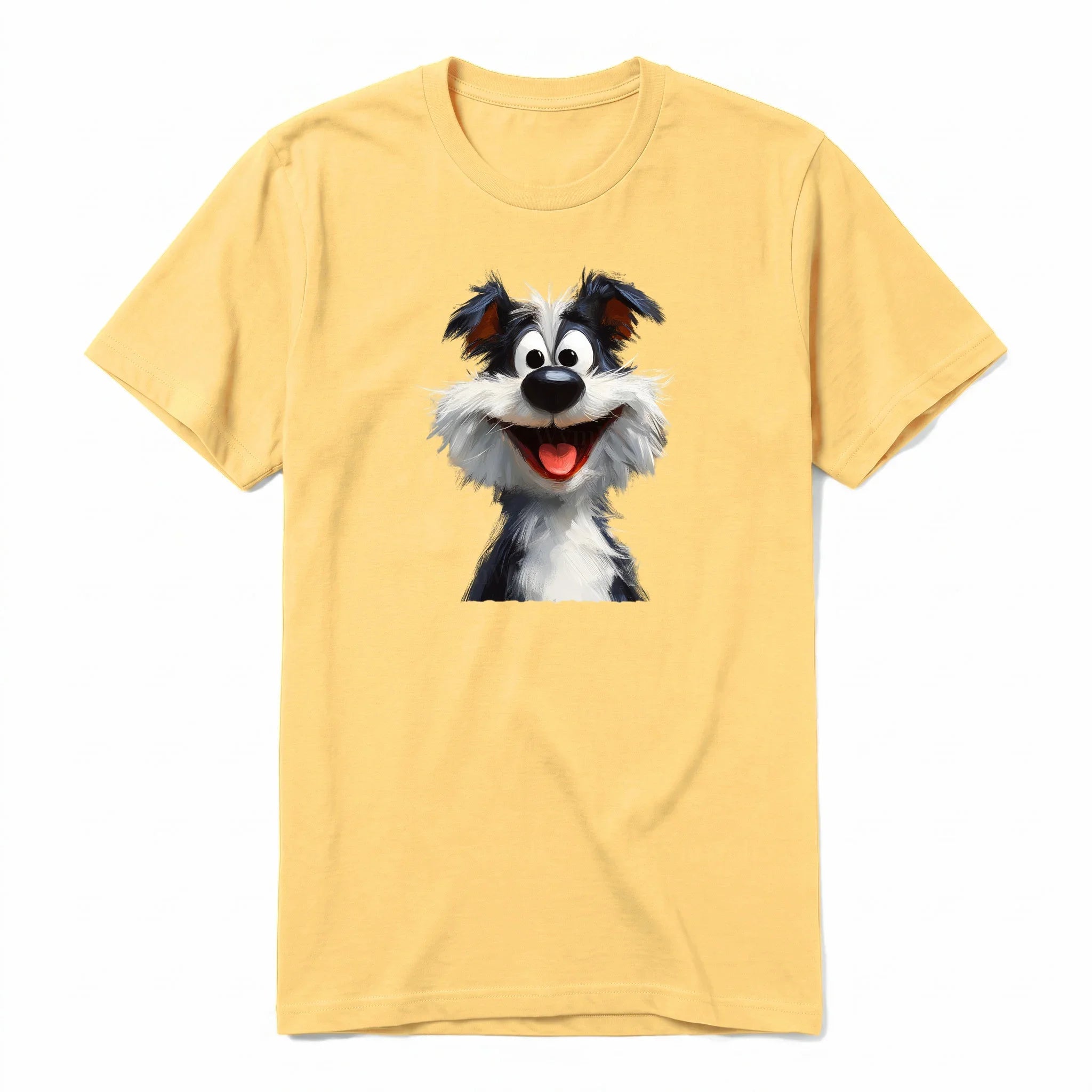 A mustard short-sleeve crewneck t-shirt for adult featuring a graphic of a dog on the front.
