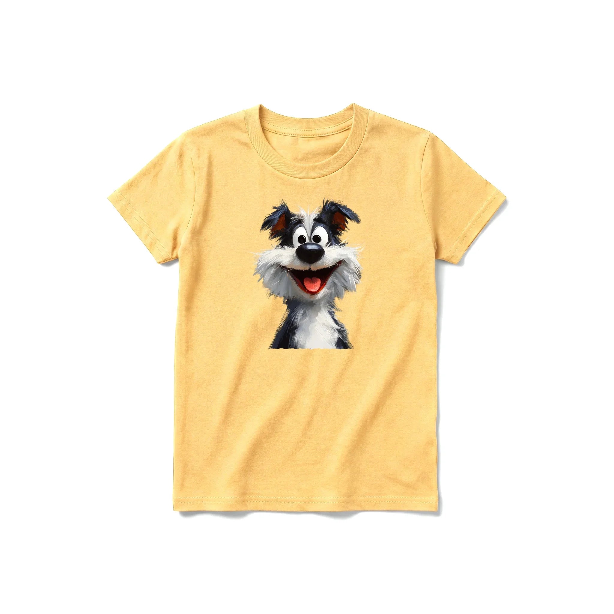 A mustard short-sleeve crewneck t-shirt for youth featuring a graphic of a dog on the front.