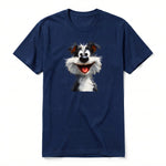 A navy short-sleeve crewneck t-shirt for adult featuring a graphic of a dog on the front.