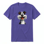 A purple short-sleeve crewneck t-shirt for adult featuring a graphic of a dog on the front.