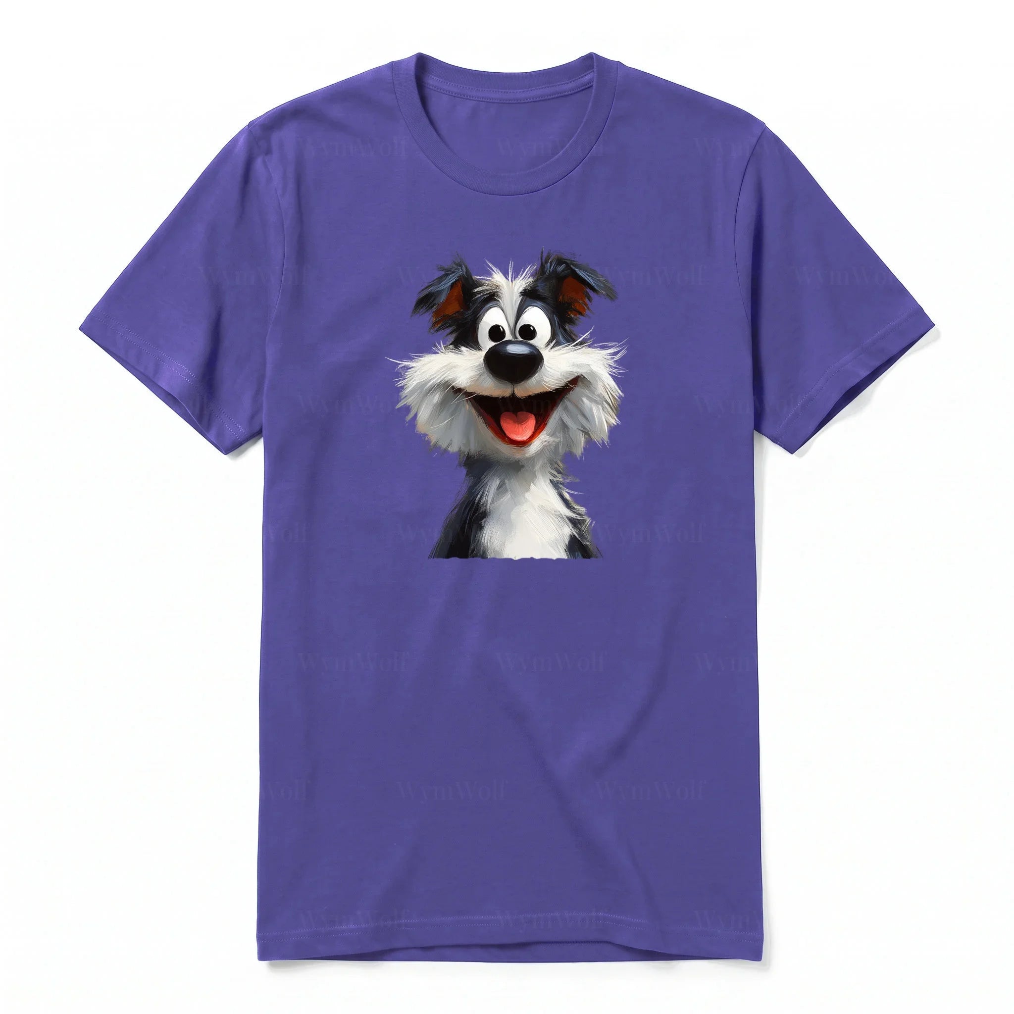 A purple short-sleeve crewneck t-shirt for adult featuring a graphic of a dog on the front.
