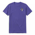 A purple short-sleeve crewneck t-shirt for adult featuring a graphic of a dog on the left chest.