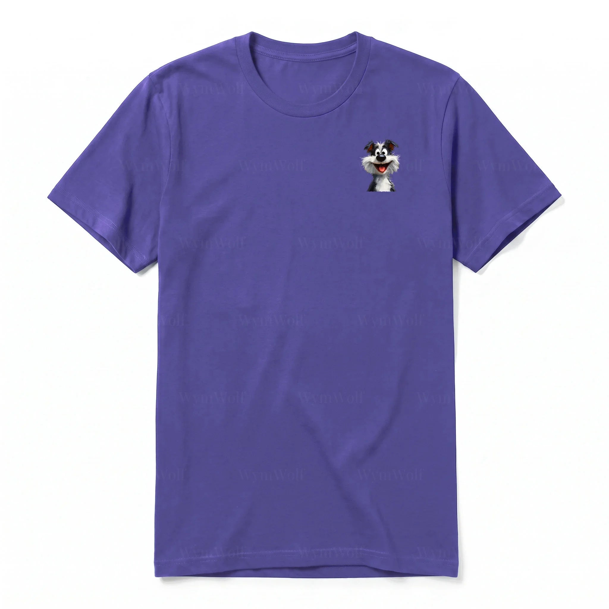 A purple short-sleeve crewneck t-shirt for adult featuring a graphic of a dog on the left chest.