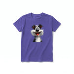 A purple short-sleeve crewneck t-shirt for youth featuring a graphic of a dog on the front.