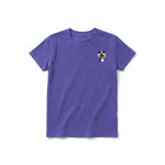 A purple short-sleeve crewneck t-shirt for youth featuring a graphic of a dog on the left chest.