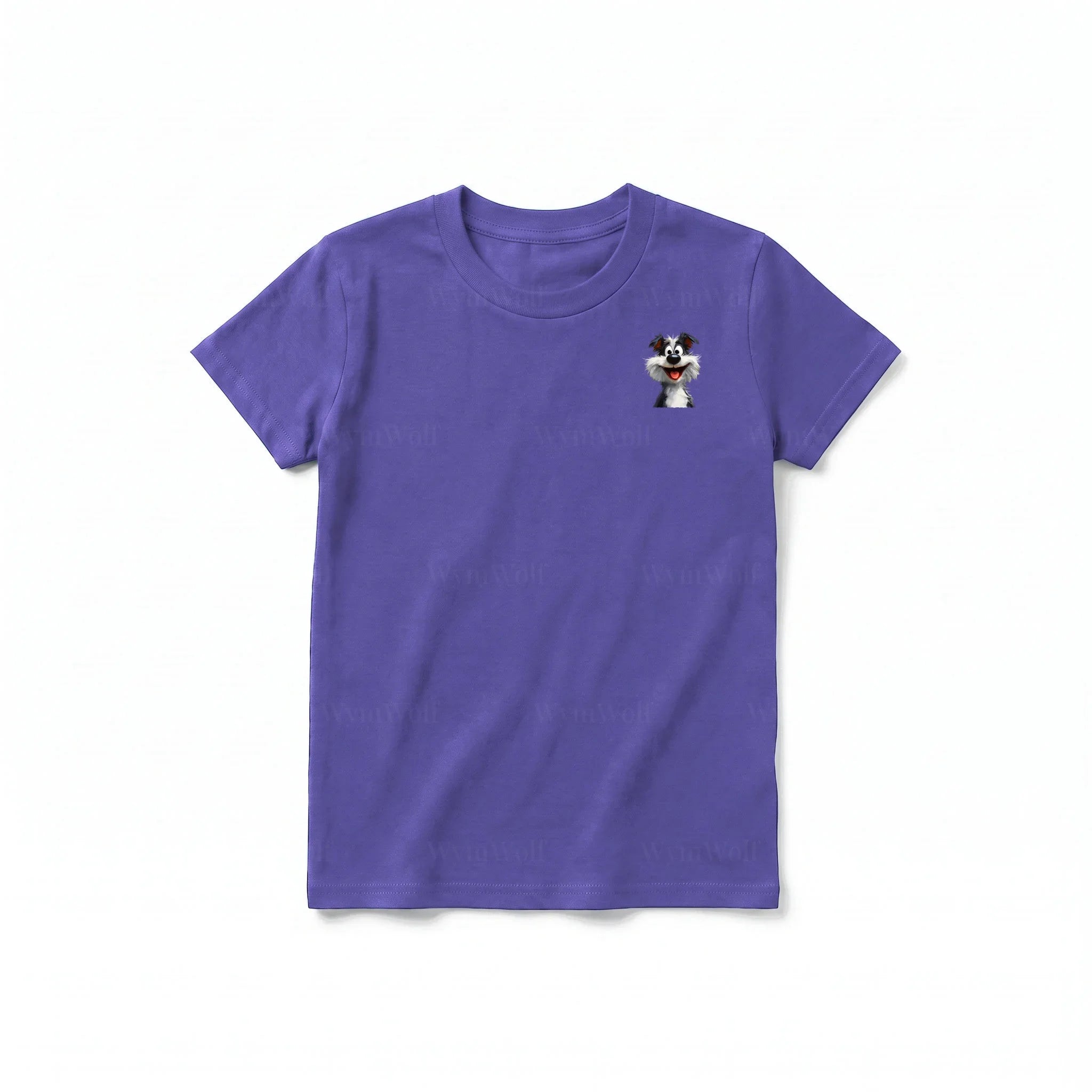 A purple short-sleeve crewneck t-shirt for youth featuring a graphic of a dog on the left chest.