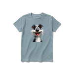 A sage short-sleeve crewneck t-shirt for youth featuring a graphic of a dog on the front.