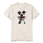 A vintage-white short-sleeve crewneck t-shirt for adult featuring a graphic of a dog on the front.