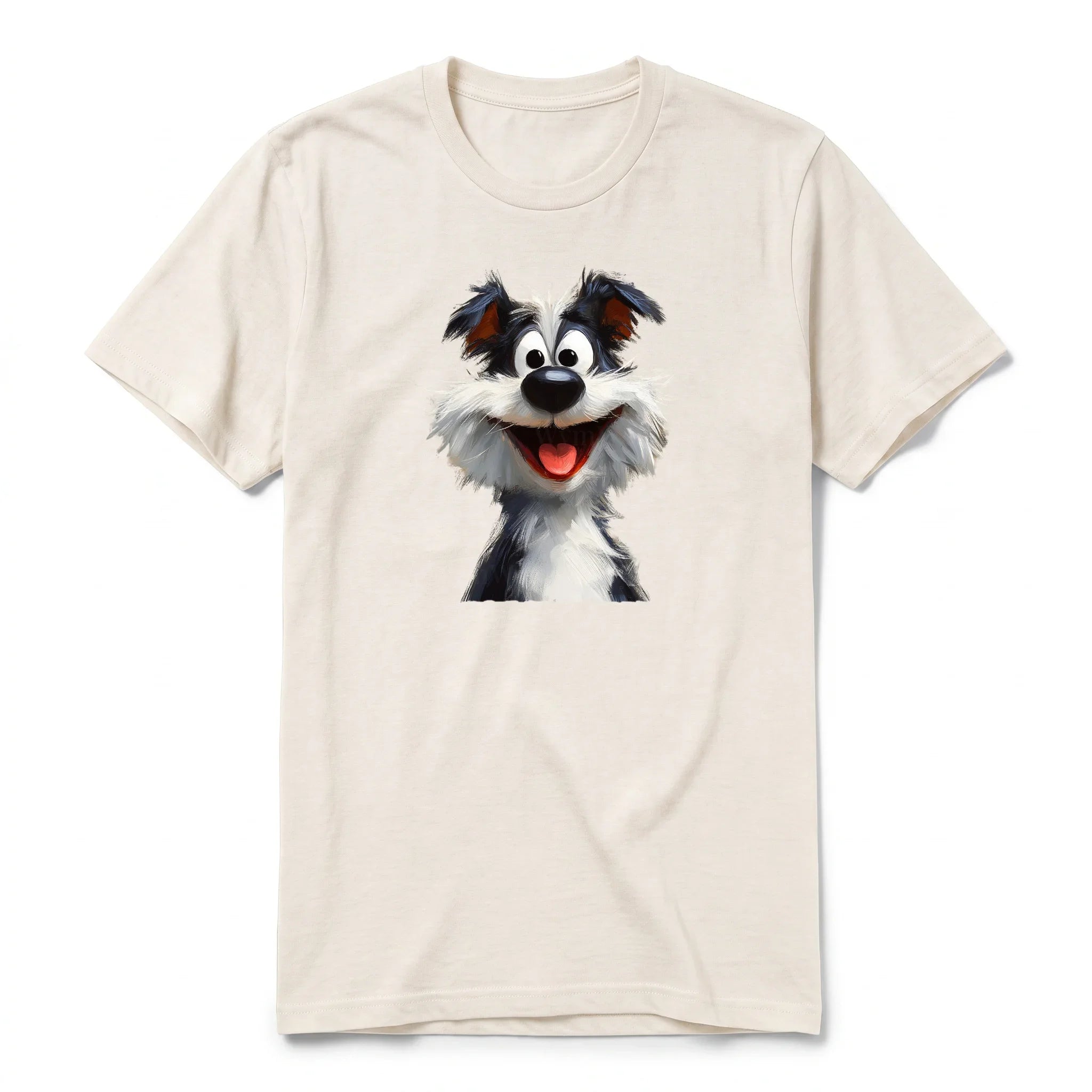 A vintage-white short-sleeve crewneck t-shirt for adult featuring a graphic of a dog on the front.