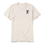 A vintage-white short-sleeve crewneck t-shirt for adult featuring a graphic of a dog on the left chest.
