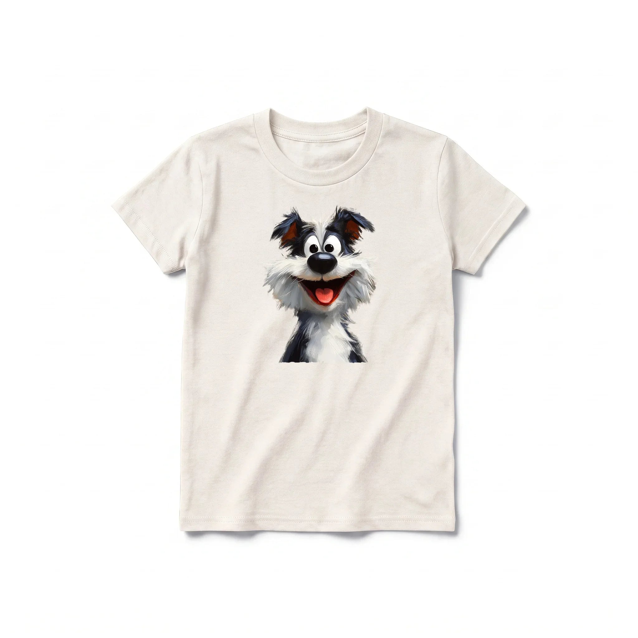 A vintage-white short-sleeve crewneck t-shirt for youth featuring a graphic of a dog on the front.