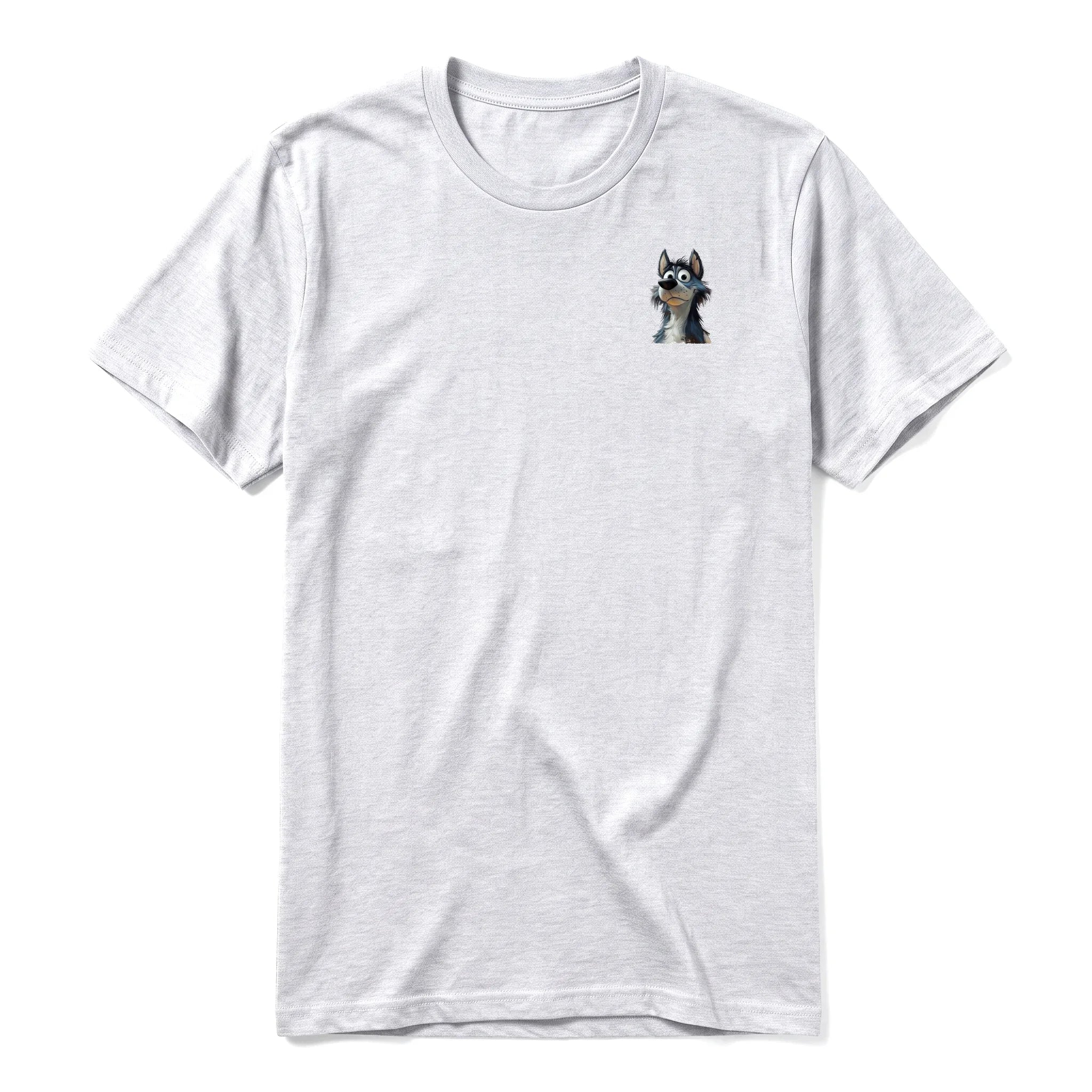 A ash grey short-sleeve crewneck t-shirt for adult featuring a graphic of a dog on the left chest.