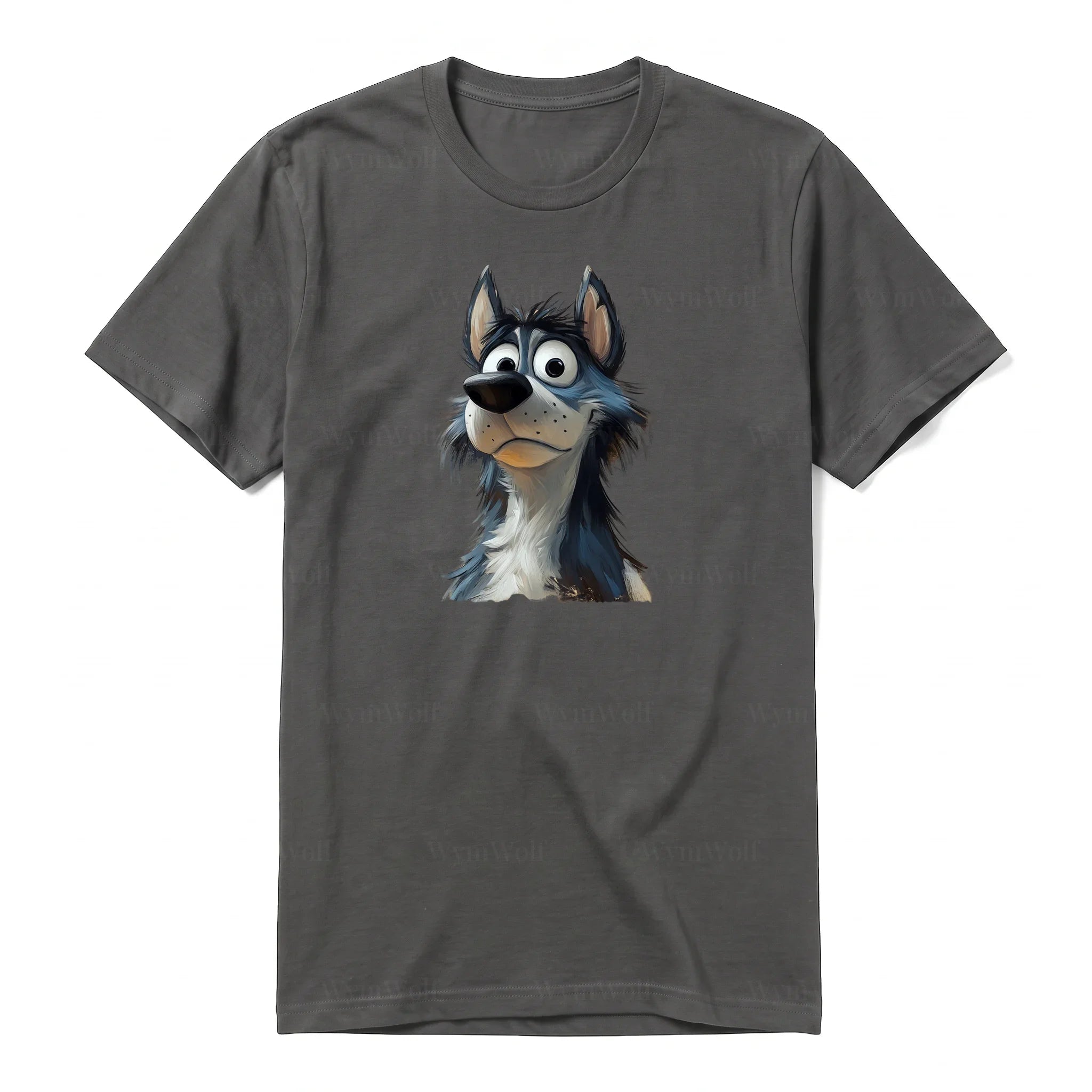 Un T-shirt charbon à manches courtes et col rond, orné d'un motif représentant un chien sur le devant.
