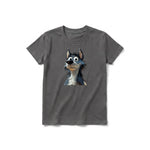 Un T-shirt charbon à manches courtes et col rond pour jeune, orné d'un motif représentant un chien sur le devant.