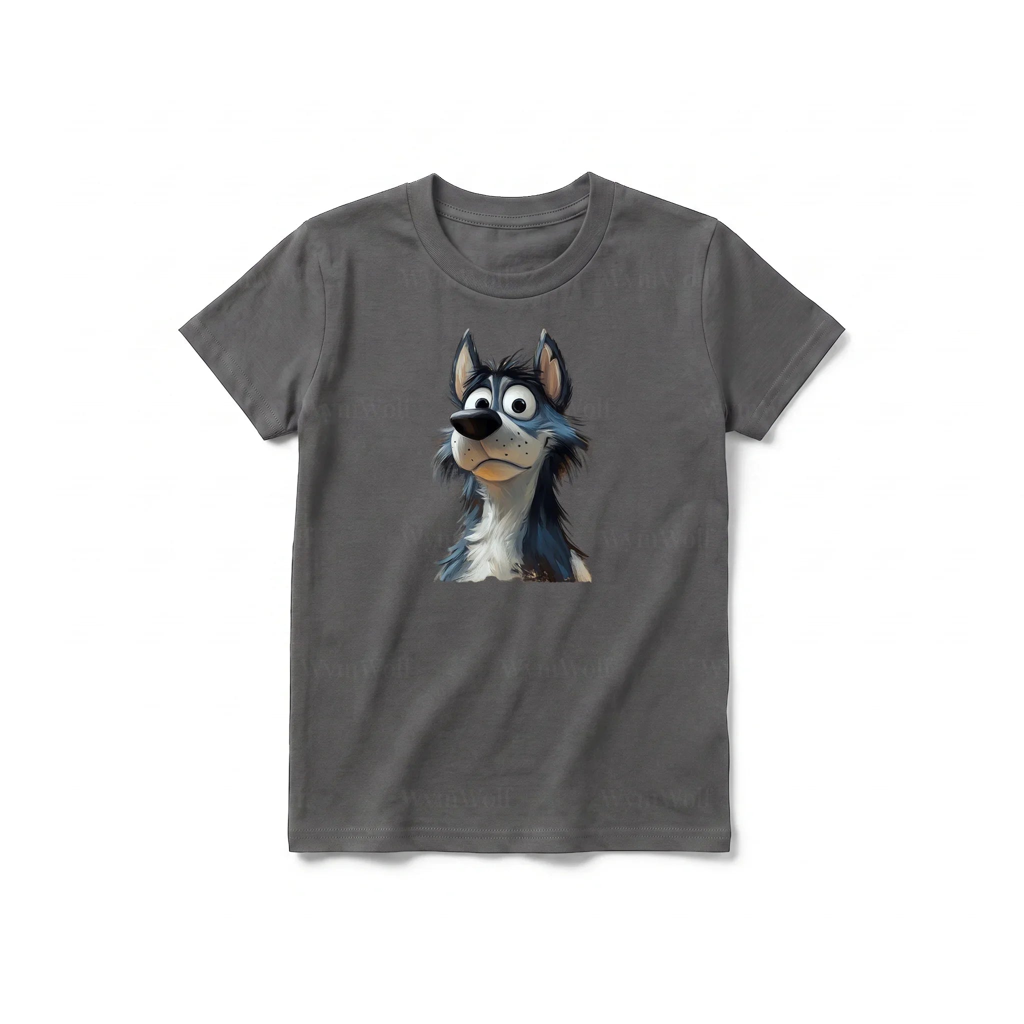 Un T-shirt charbon à manches courtes et col rond pour jeune, orné d'un motif représentant un chien sur le devant.