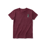 A maroon short-sleeve crewneck t-shirt for youth featuring a graphic of a dog on the left chest.
