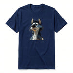 A navy short-sleeve crewneck t-shirt for adult featuring a graphic of a dog on the front.