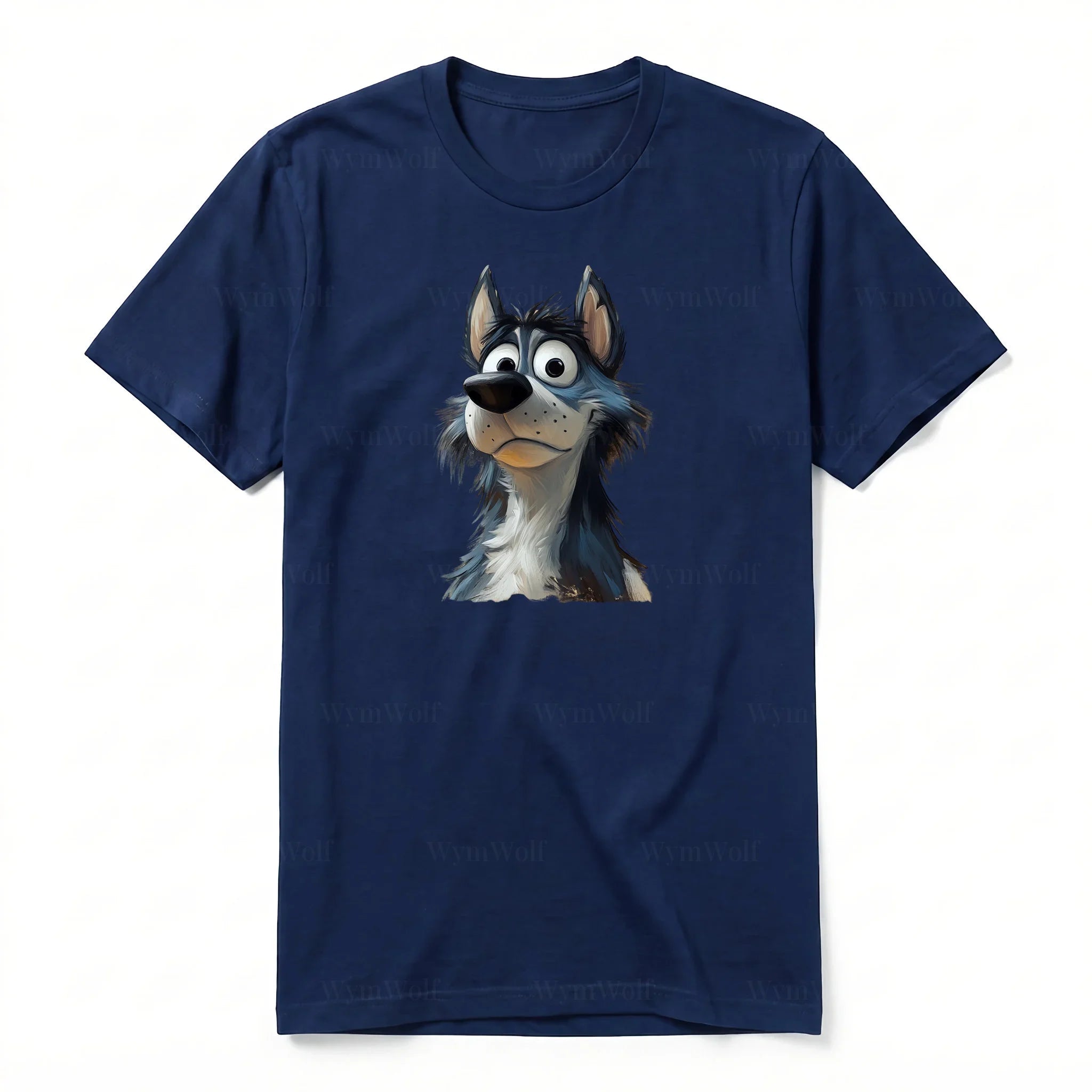 A navy short-sleeve crewneck t-shirt for adult featuring a graphic of a dog on the front.