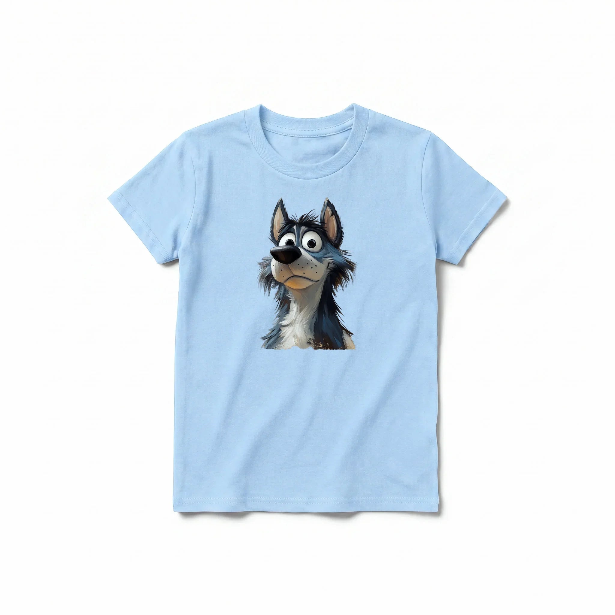 Un T-shirt poudre à manches courtes et col rond pour jeune, orné d'un motif représentant un chien sur le devant.