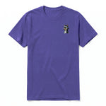 A purple short-sleeve crewneck t-shirt for adult featuring a graphic of a dog on the left chest.