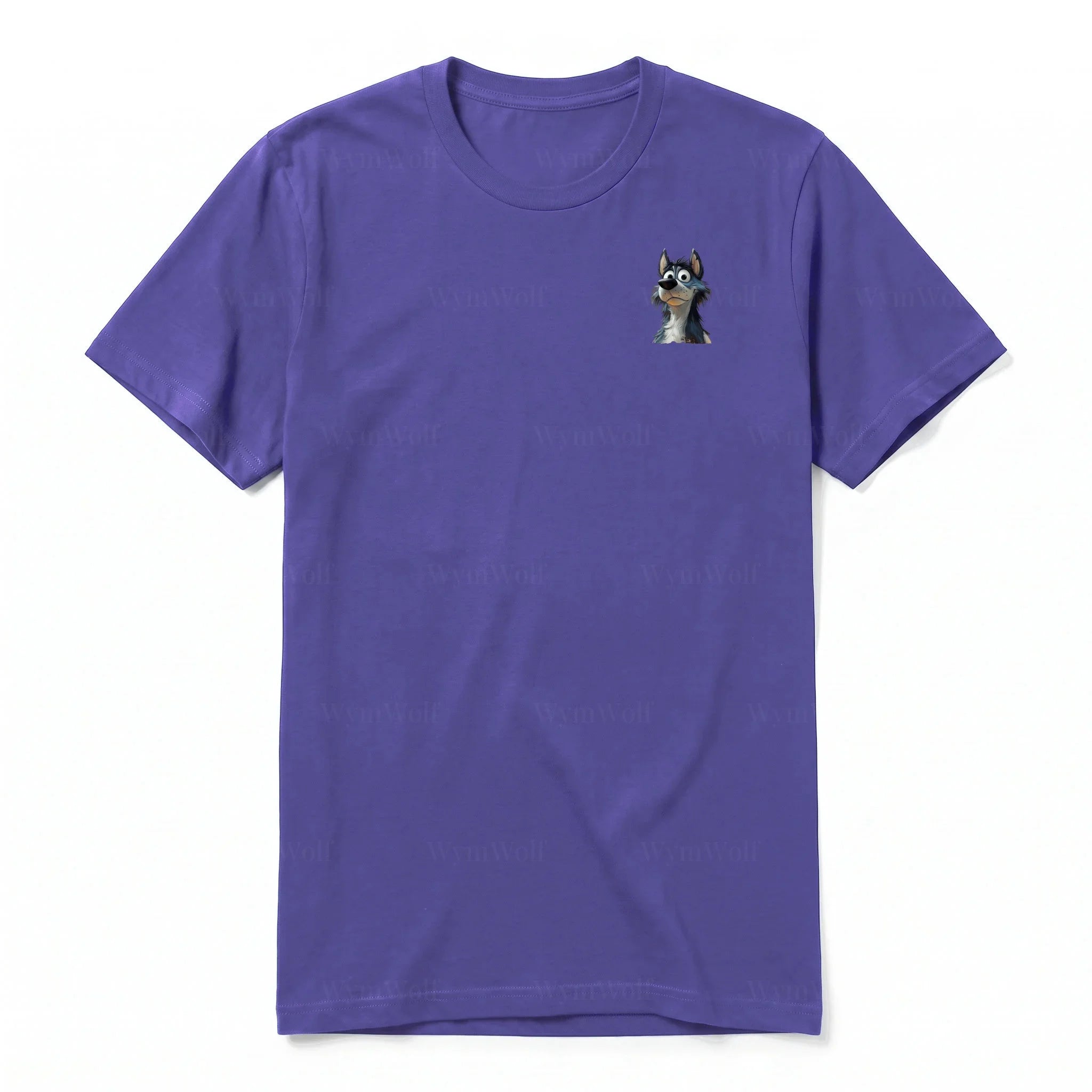 A purple short-sleeve crewneck t-shirt for adult featuring a graphic of a dog on the left chest.
