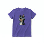 A purple short-sleeve crewneck t-shirt for youth featuring a graphic of a dog on the front.