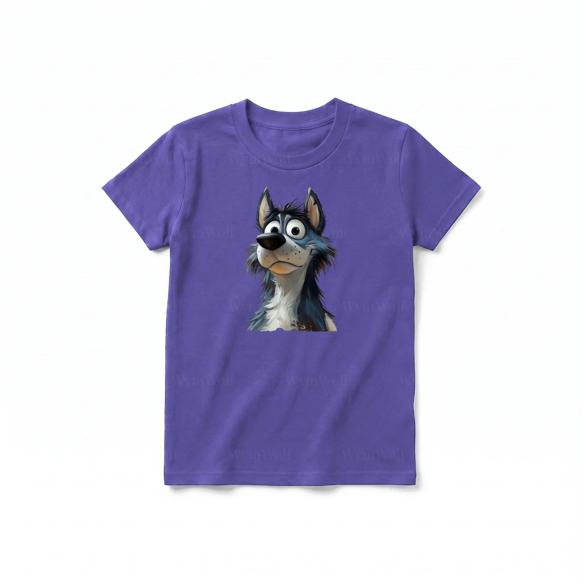 A purple short-sleeve crewneck t-shirt for youth featuring a graphic of a dog on the front.