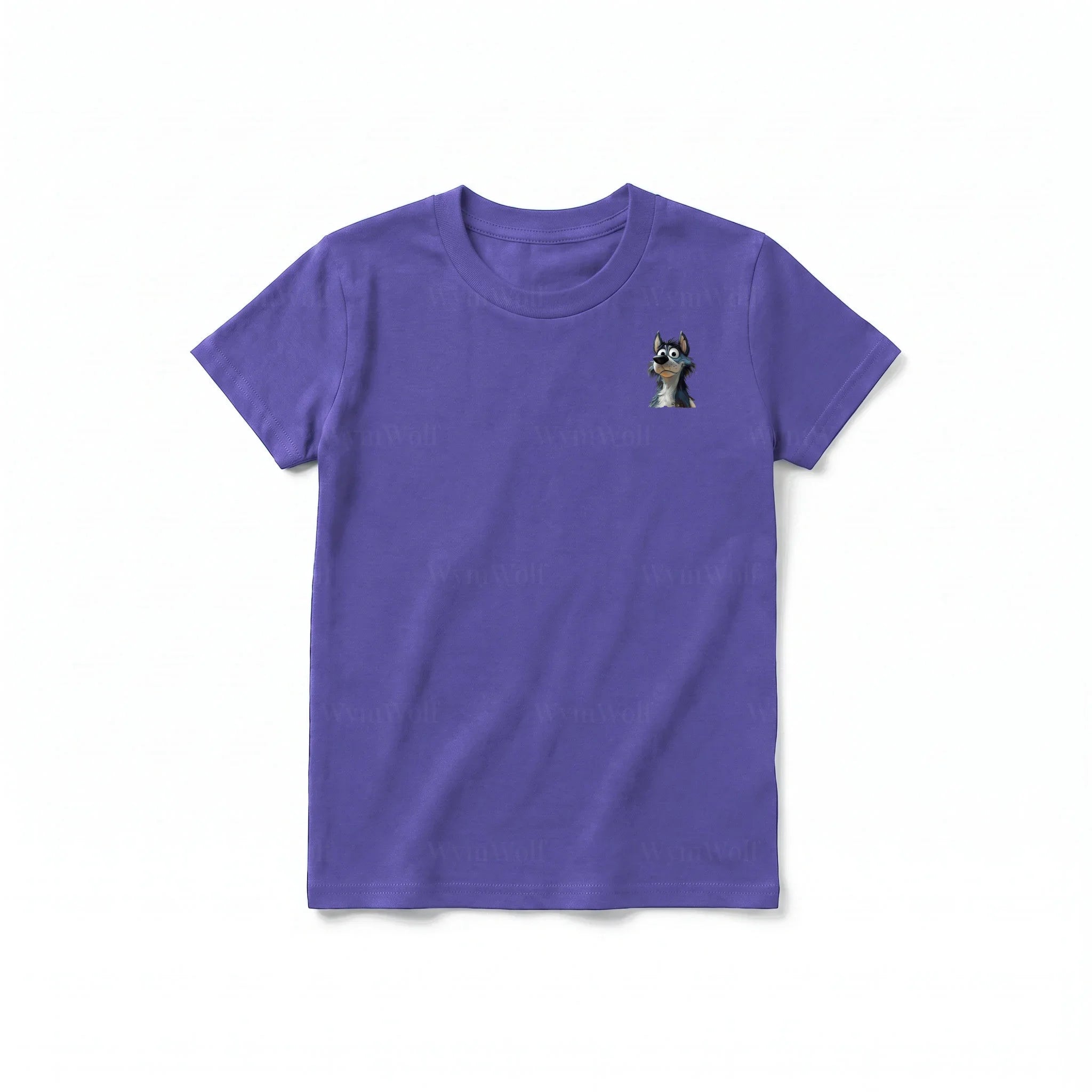 A purple short-sleeve crewneck t-shirt for youth featuring a graphic of a dog on the left chest.