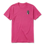 A raspberry short-sleeve crewneck t-shirt for adult featuring a graphic of a dog on the left chest.