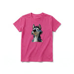 A raspberry short-sleeve crewneck t-shirt for youth featuring a graphic of a dog on the front.