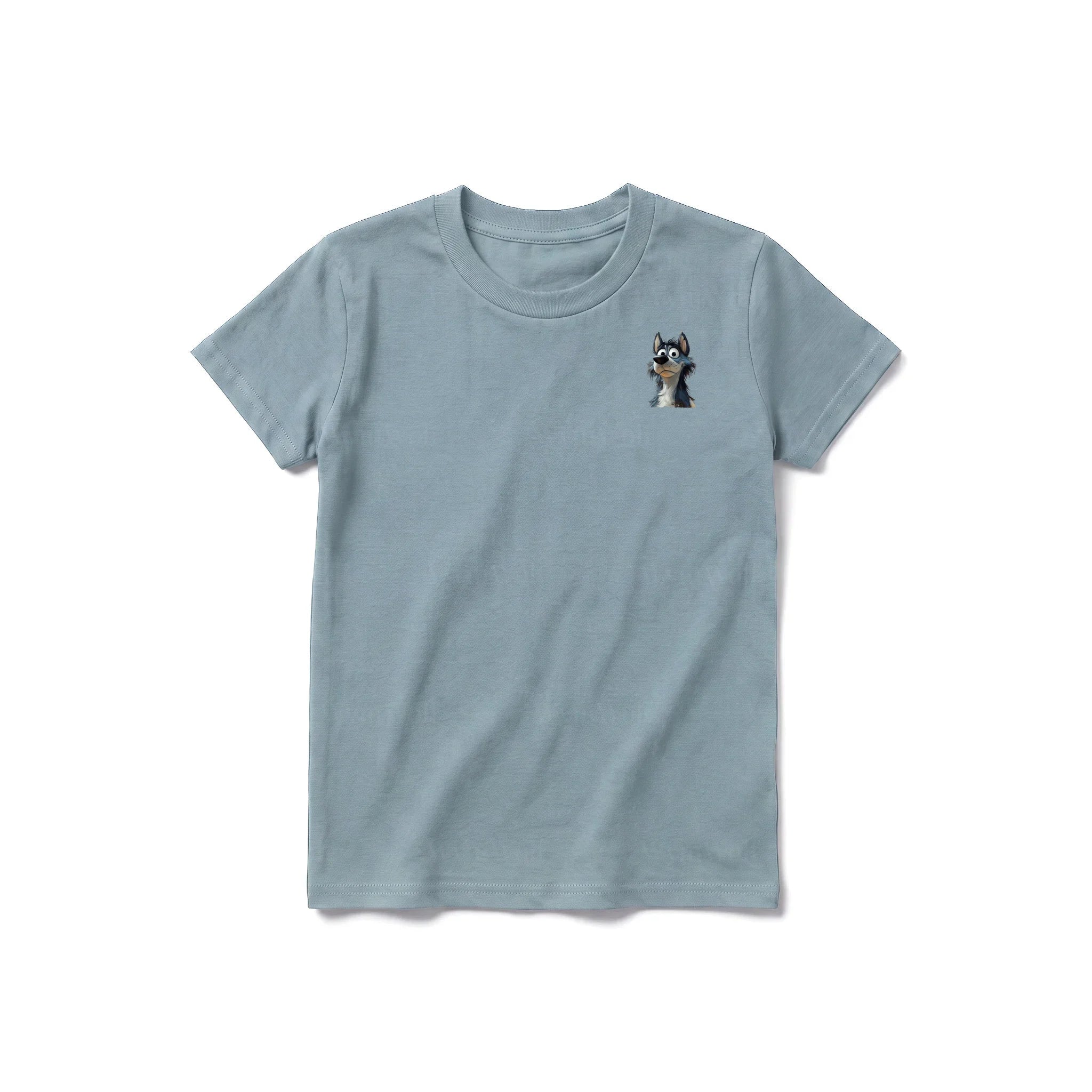 A sage short-sleeve crewneck t-shirt for youth featuring a graphic of a dog on the left chest.