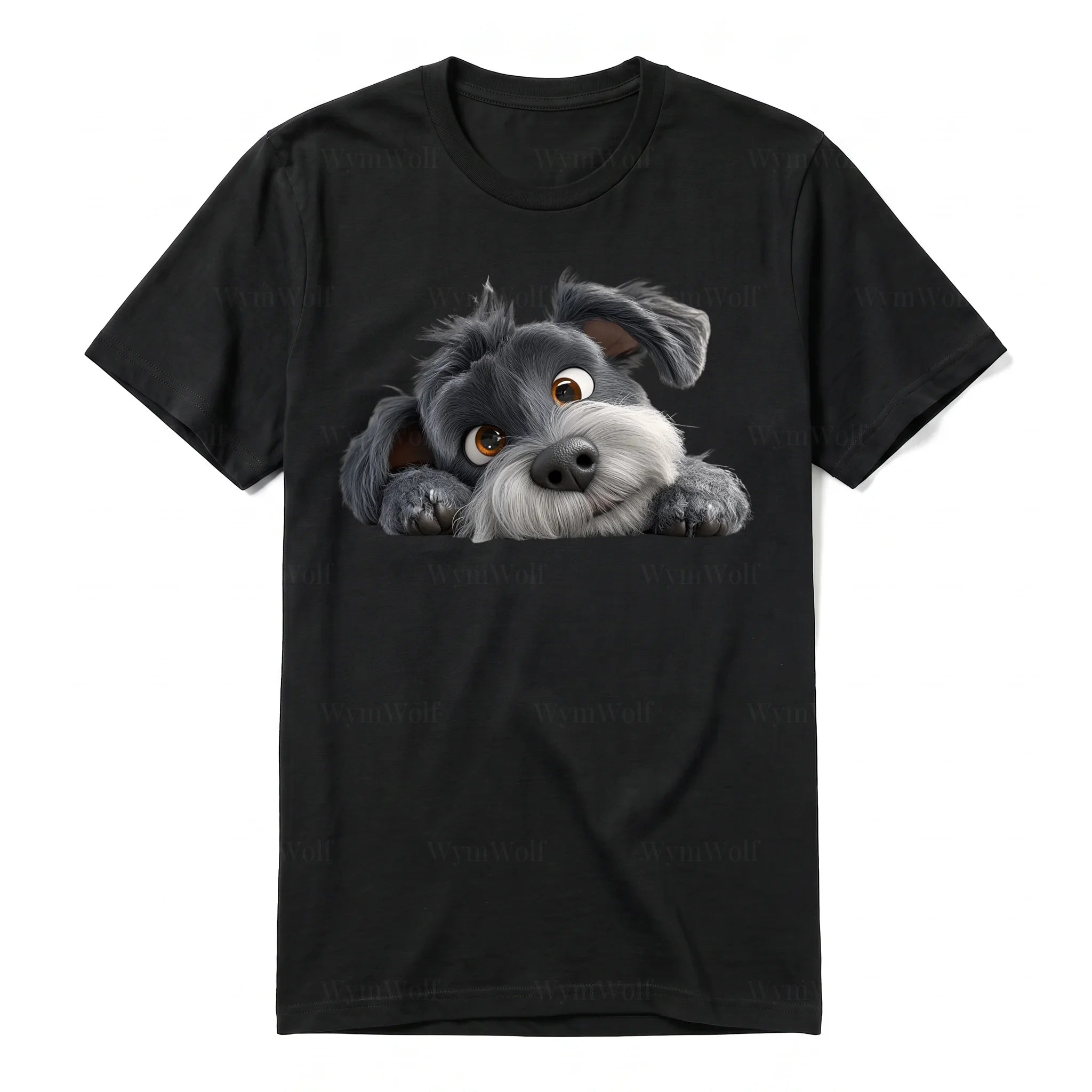 Un T-shirt noir à manches courtes et col rond, orné d'un motif représentant un chien sur le devant.