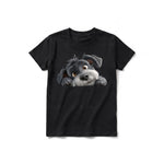 Un T-shirt noir à manches courtes et col rond pour jeune, orné d'un motif représentant un chien sur le devant.