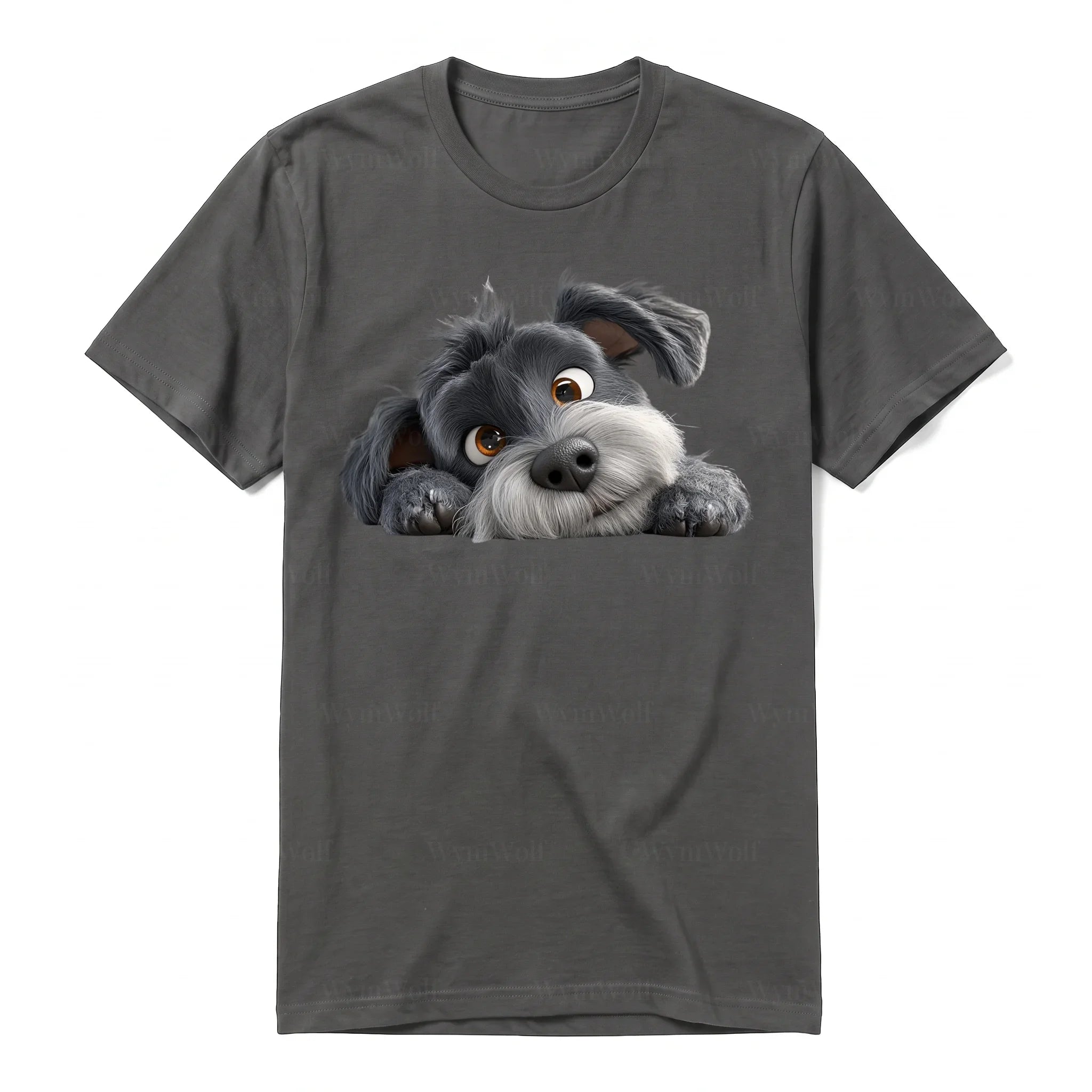 A charcoal short-sleeve crewneck t-shirt for adult featuring a graphic of a dog on the front.