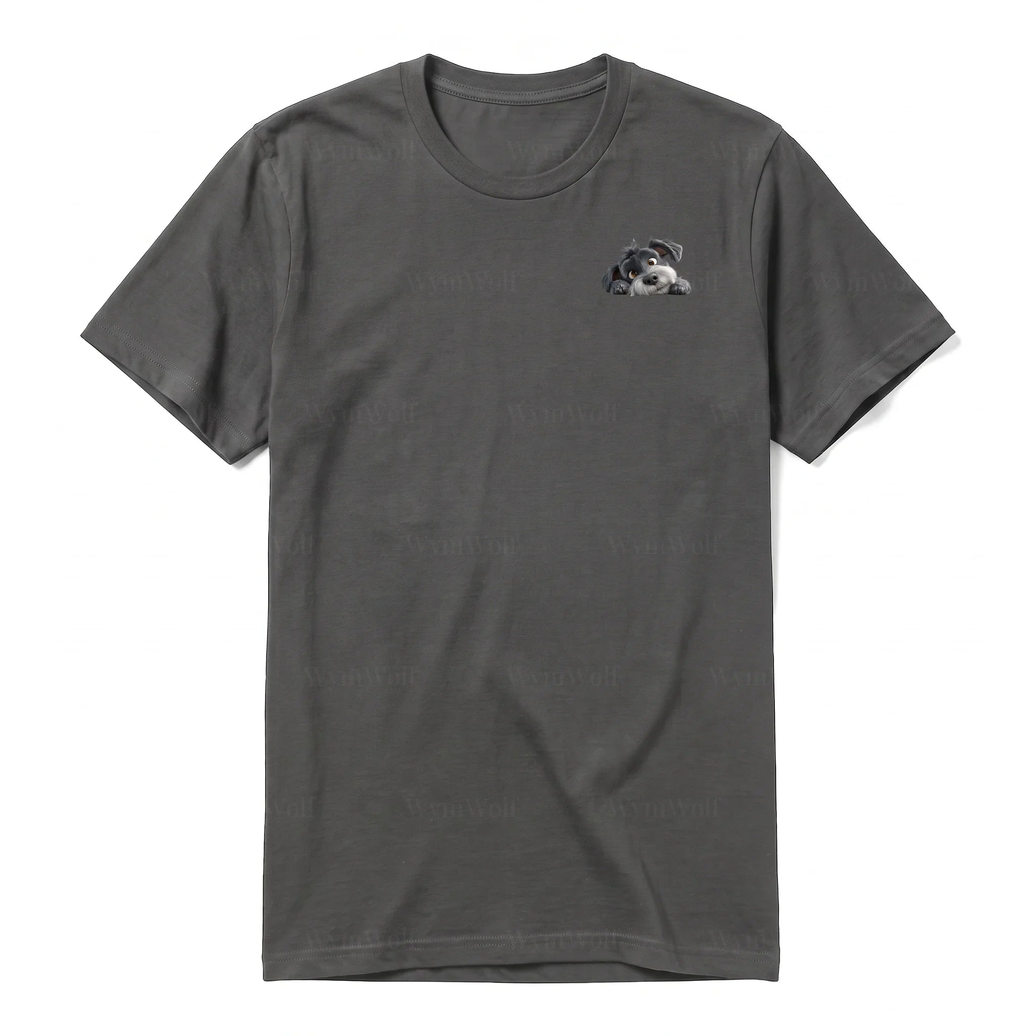 A charcoal short-sleeve crewneck t-shirt for adult featuring a graphic of a dog on the left chest.