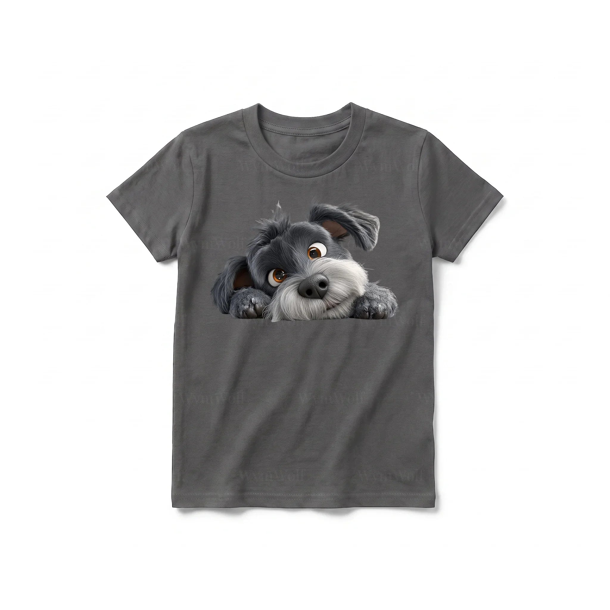 A charcoal short-sleeve crewneck t-shirt for youth featuring a graphic of a dog on the front.