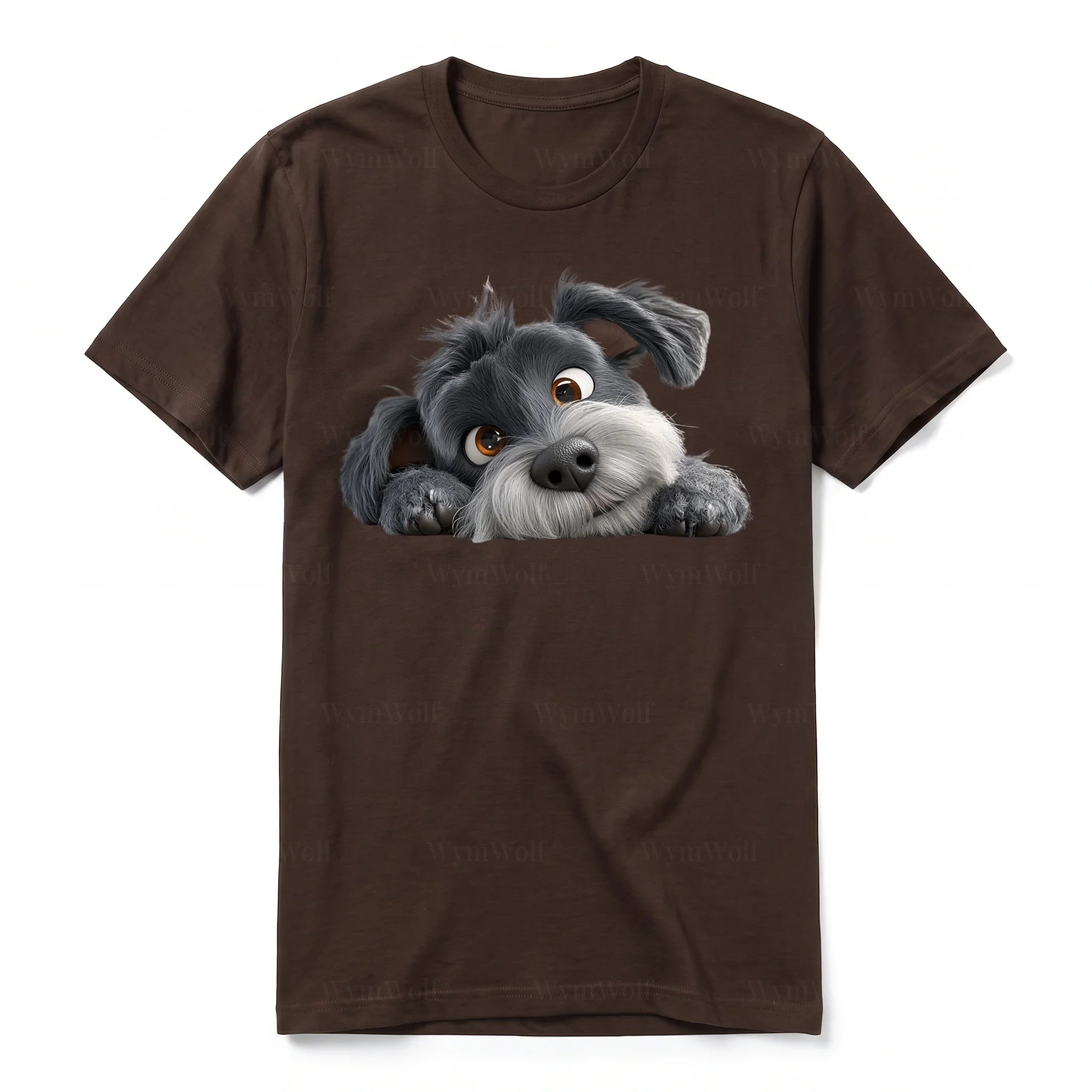 Un T-shirt chocolat à manches courtes et col rond, orné d'un motif représentant un chien sur le devant.