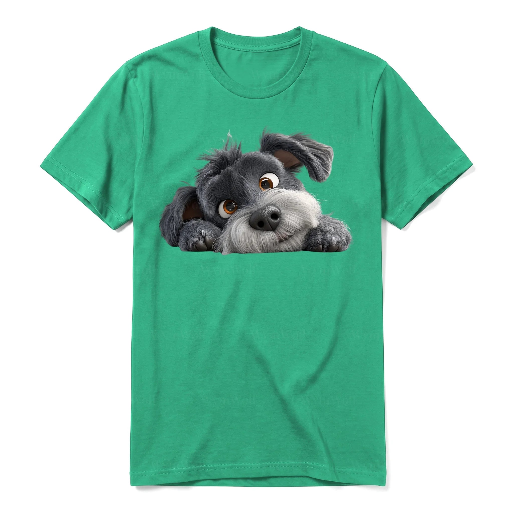 A kelly short-sleeve crewneck t-shirt for adult featuring a graphic of a dog on the front.
