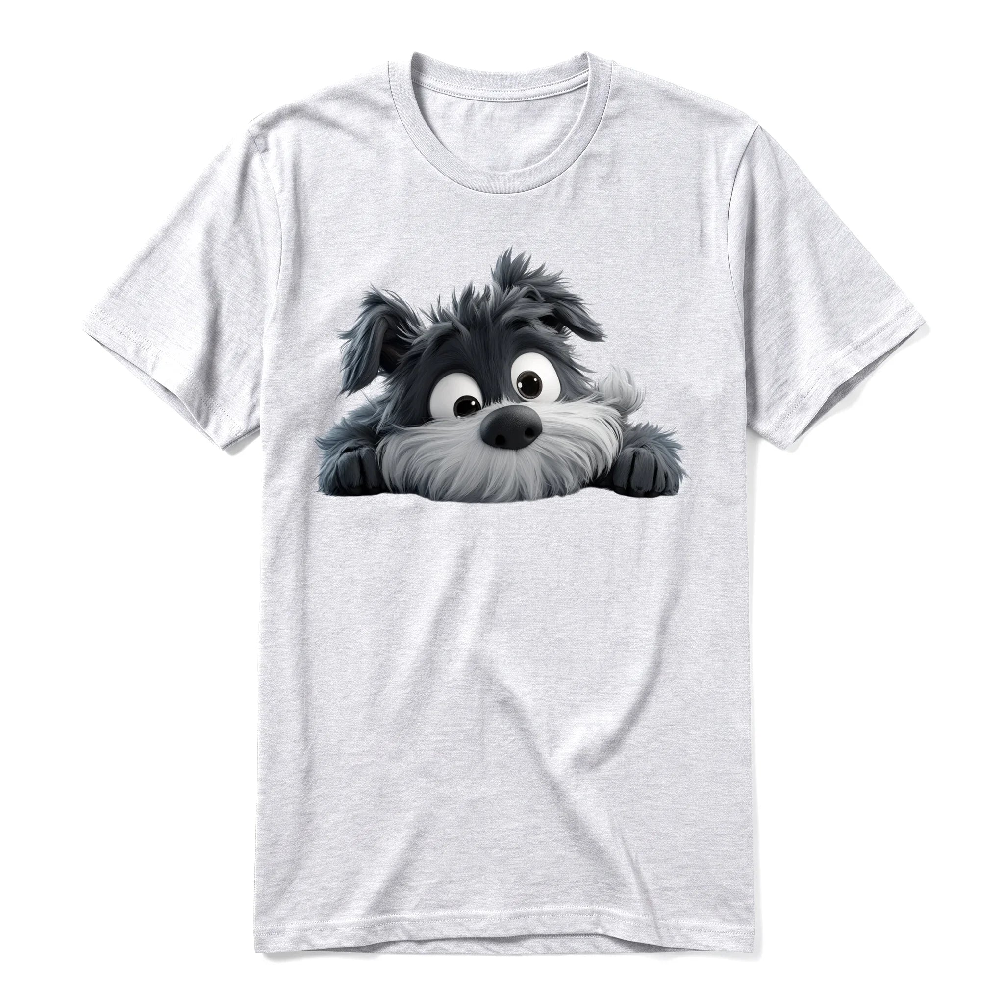 A ash grey short-sleeve crewneck t-shirt for adult featuring a graphic of a dog on the front.